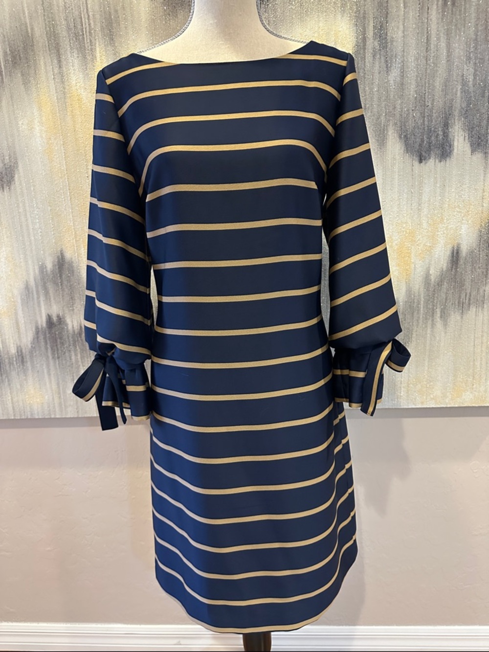 Banana Republic Navy and Cream Striped Tie-Sleeve Shift Dress